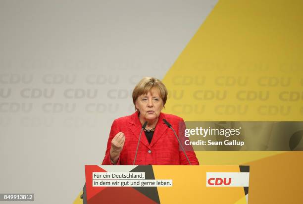 German Chancellor and Christian Democrat Angela Merkel speaks at an election campaign stop on September 19, 2017 in Schwerin, Germany. Merkel is...