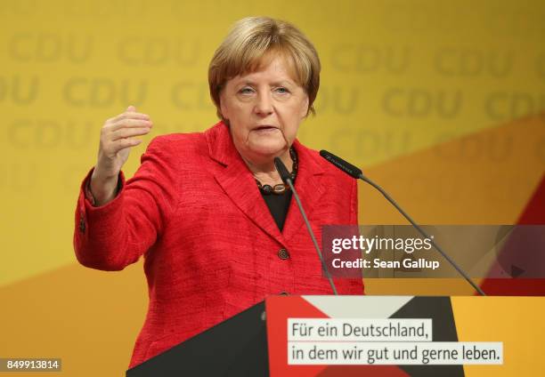 German Chancellor and Christian Democrat Angela Merkel speaks at an election campaign stop on September 19, 2017 in Schwerin, Germany. Merkel is...