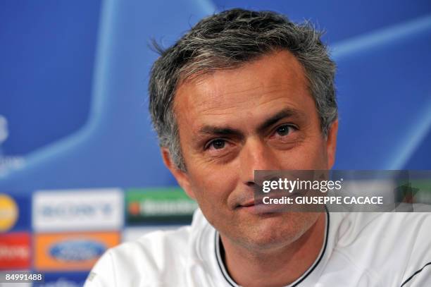 Inter Milan's Portuguese coach Jose Mourinho smiles during a press conference on the eve of his team's Champions League clash against Manchester...