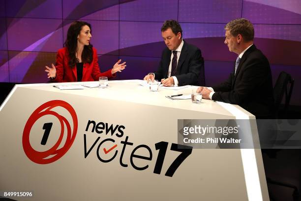 Presenter Mike Hosking chairs the TVNZ leaders debate between Labour Leader Jacinda Ardern and Prime Minister Bill English during the Vote 2017 2nd...