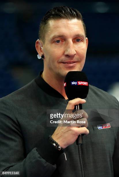 Stefan Kretzschmar, tv expert of sky sport looks on during the DKB HBL Bundesliga match between THW Kiel and DHfK Leiipzig at Sparkassen Arena on...
