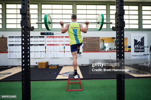 Ed Jenkins of the Australian Rugby Sevens team works out in the gym during a training session on September 20, 2017 in Sydney, Australia.