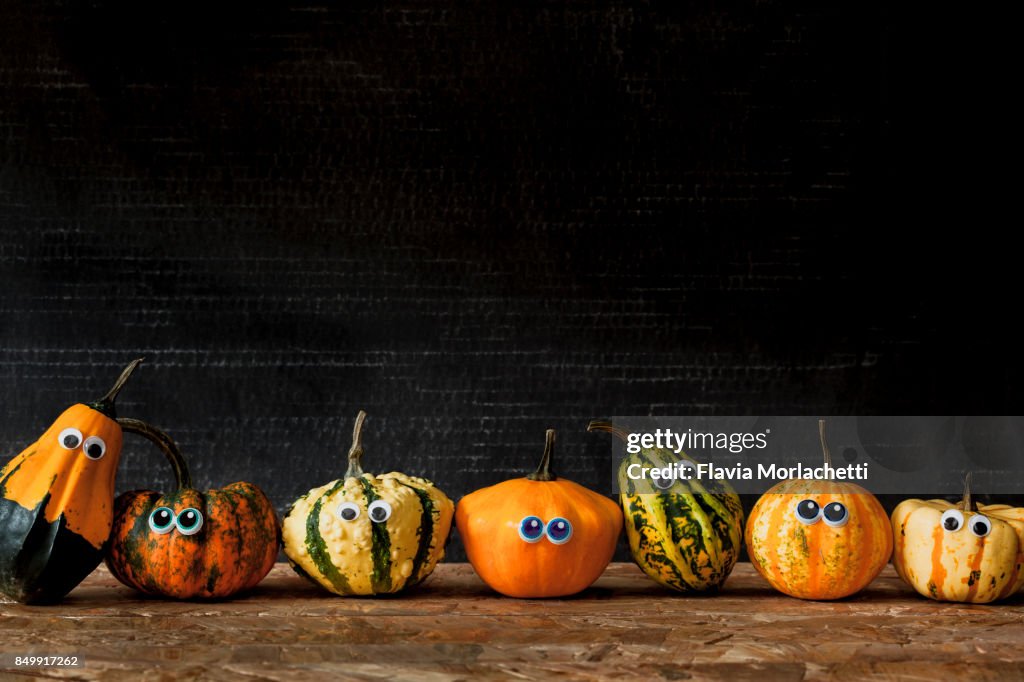 Seven pumpkins with eyes in a row for Halloween