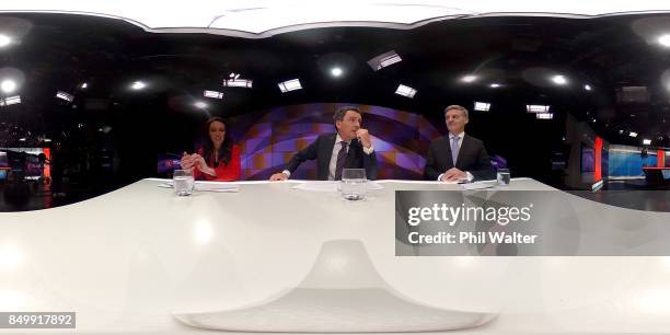 Presenter Mike Hosking chairs the TVNZ leaders debate between Labour Leader Jacinda Ardern and Prime Minister Bill English during the Vote 2017 2nd...