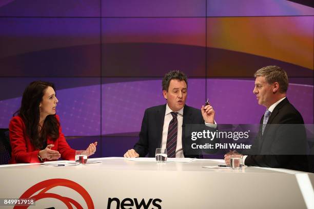 Presenter Mike Hosking chairs the TVNZ leaders debate between Labour Leader Jacinda Ardern and Prime Minister Bill English during the Vote 2017 2nd...