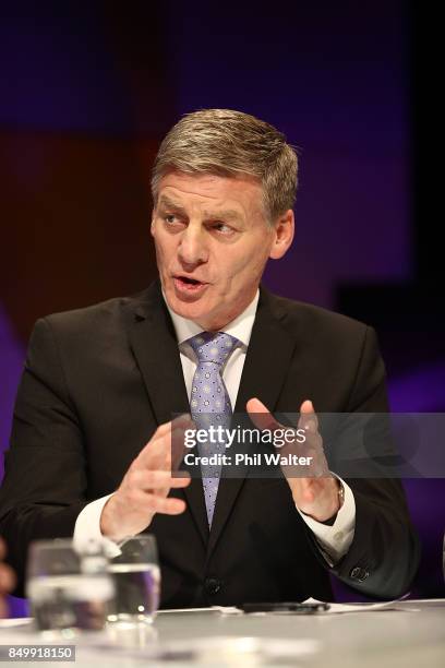 Prime Minister Bill English speaks during the TVNZ Vote 2017 2nd Leaders Debate between Prime Minister Bill English and Labour leader Jacinda Ardern...