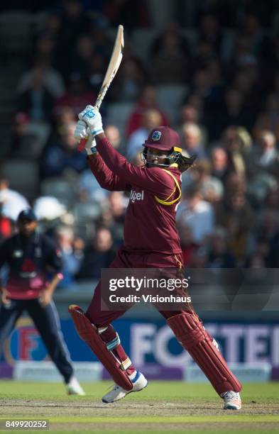 Chris Gayle of West Indies batting during the Royal London One Day International between England and the West Indies at Old Trafford on September 19,...