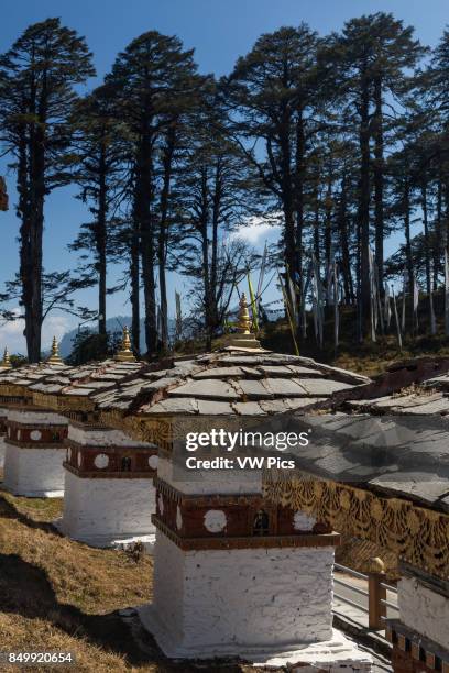 The 108 Druk Wangyal Khang Zhang Chortens, or stupas, are a sacred Bhuddist memorial. They are red-band or khangzang chortens and are located on a...