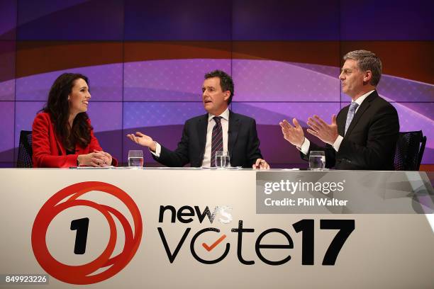 Presenter Mike Hosking chairs the TVNZ leaders debate between Labour Leader Jacinda Ardern and Prime Minister Bill English during the Vote 2017 2nd...