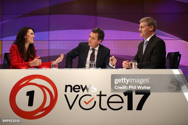 Presenter Mike Hosking chairs the TVNZ leaders debate between Labour Leader Jacinda Ardern and Prime Minister Bill English during the Vote 2017 2nd...