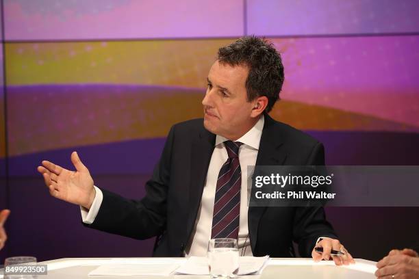 Presenter Mike Hosking chairs the TVNZ leaders debate between Labour Leader Jacinda Ardern and Prime Minister Bill English during the Vote 2017 2nd...