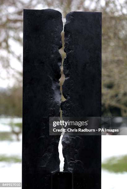 Sculpture by artist Ann Christopher RA called Dark Line at the opening of a new exhibition entitled Here There and Somewhere In Between, at Hatfield...