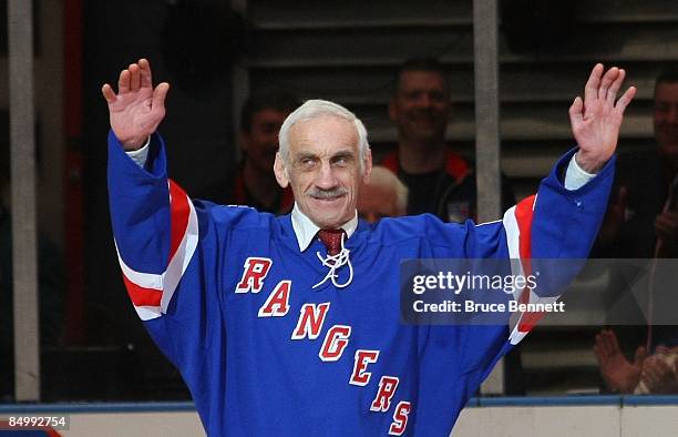 Former New York Ranger Lou Fontinato attends the ceremony honoring Andy Bathgate and Harry Howell prior to the game between the Toronto Maple Leafs...