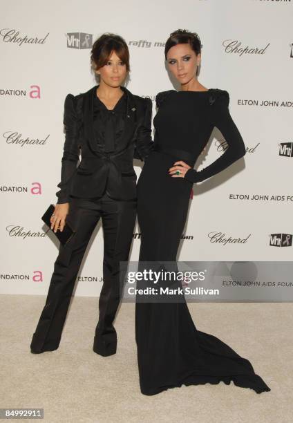 Actress Eva Longoria Parker and Victoria Beckham arrive at the 17th Annual Elton John AIDS Foundation's Academy Award Viewing Party held at the...