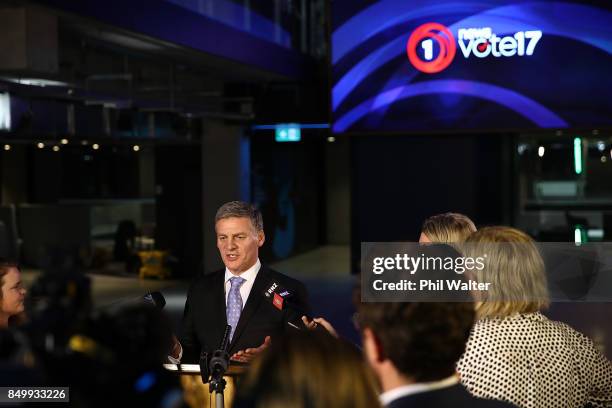 Prime Minister Bill English speaks to media following the TVNZ Vote 2017 2nd Leaders Debate between Prime Minister Bill English and Labour leader...