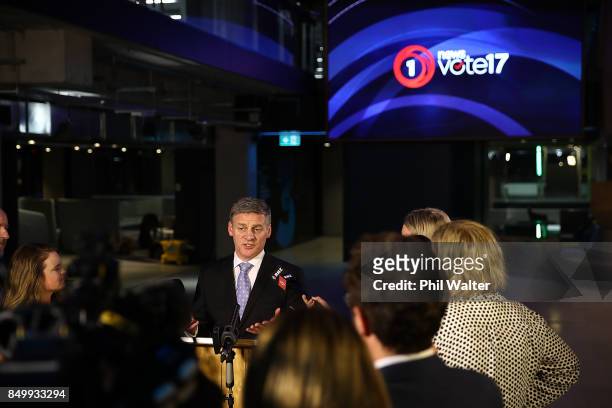 Prime Minister Bill English speaks to media following the TVNZ Vote 2017 2nd Leaders Debate between Prime Minister Bill English and Labour leader...