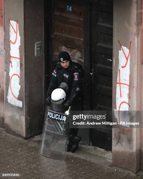 Police officer outside the stadium before the FIFA World Cup Qualifying, Group A match at Karaorde Stadium, Novi Sad, Serbia.