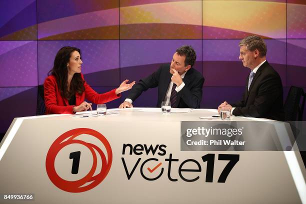 Presenter Mike Hosking chairs the TVNZ leaders debate between Labour Leader Jacinda Ardern and Prime Minister Bill English during the Vote 2017 2nd...