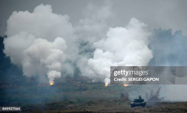 Tank takes part in the joint Russian-Belarusian military exercises Zapad-2017 at a training ground near the town of Borisov on September 20, 2017.