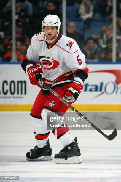 Tim Gleason of the Carolina Hurricanes skates during the game against the New York Islanders on February 19, 2009 at the Nassau Coliseum in...