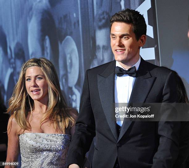 Actress Jennifer Aniston and singer John Mayer arrive at the 2009 Vanity Fair Oscar Party at the Sunset Tower on February 22, 2009 in West Hollywood,...