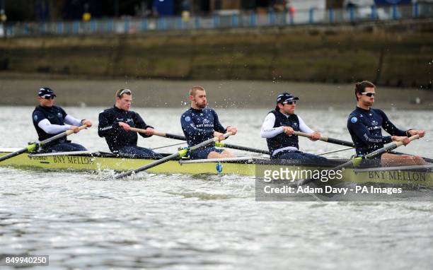 Oxford University during a training session on the River Thames, London.