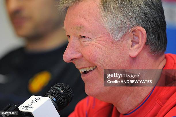 Manchester United's manager Sir Alex Ferguson speaks during a press conference on February 23, 2009 at the San Siro stadium in Milan, on the eve of...