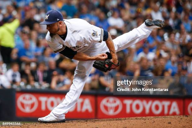 Matt Garza of the Milwaukee Brewers pitches during the seventh inning against the Miami Marlins at Miller Park on September 16, 2017 in Milwaukee,...