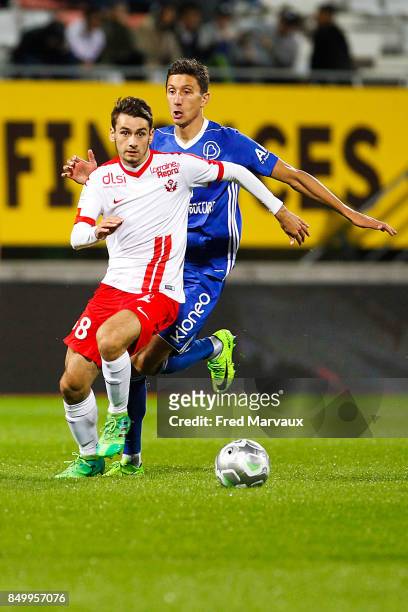 Vincent Marchetti of Nancy and Guillaume Heinry of Bourg en Bresse during the French Ligue 2 mach between Nancy and Bourg en Bresse at on September...