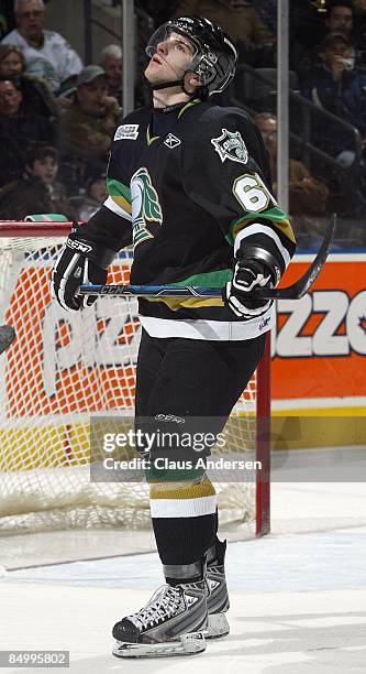 John Tavares of the London Knights looks to the heaven's after missing a glorious opportunity in a game against the Sarnia Sting on February 22, 2009...