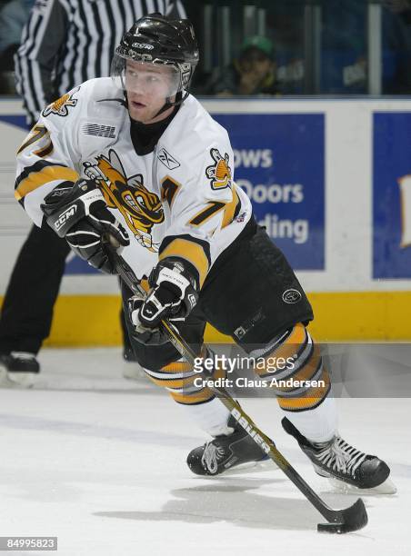 Mark Katic of the Sarnia Sting gets set to fire a shot in a game against the London Knights on February 22, 2009 at the John Labatt Centre in London,...