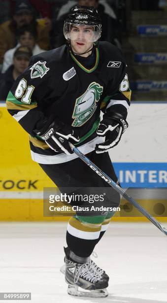 John Tavares of the London Knights skates in a game against the Sarnia Sting on February 22, 2009 at the John Labatt Centre in London, Ontario. The...