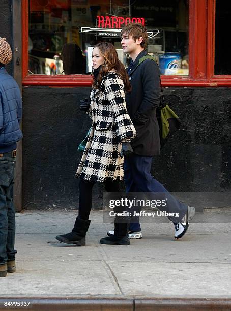 Actor Chase Crawford and Actress Leighton Meister filming on location for "Gossip Girl" on the streets of Manhattan on February 23, 2009 in New York...