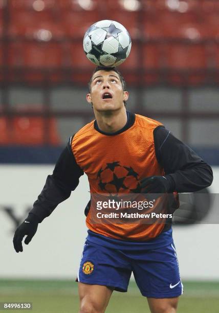 Cristiano Ronaldo of Manchester United in action during a training session ahead of their UEFA Champions League Quarter-Final First Leg against Inter...