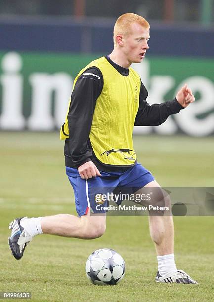 Richard Eckersley of Manchester United in action during a training session ahead of their UEFA Champions League Quarter-Final First Leg against Inter...