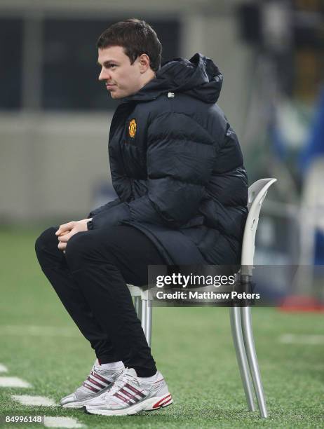 Jonny Evans of Manchester United watches from the sidelines during a training session ahead of their UEFA Champions League Quarter-Final First Leg...