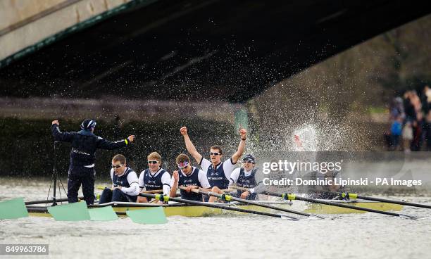 Oxford celebrate victory over Cambridge in the 159th Boat Race on the River Thames, London.