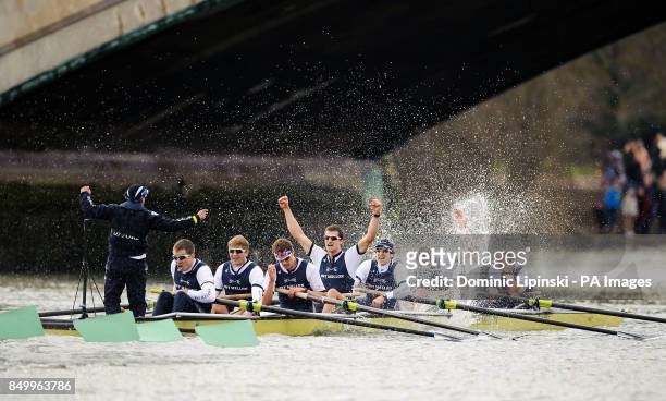 Oxford celebrate victory over Cambridge in the 159th Boat Race on the River Thames, London.