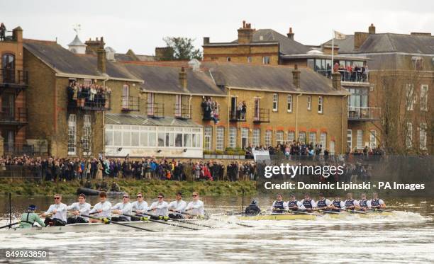 Oxford pull away from Cambridge on their way to victory in the 159th Boat Race on the River Thames, London.