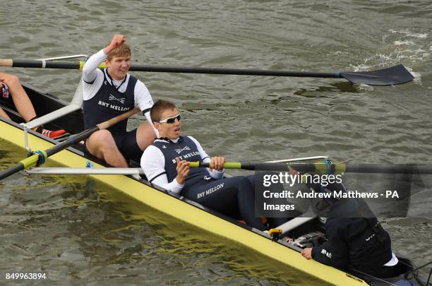 Oxford University Eight stroke Malcolm Howard celebrates with team mates Constantine Louloudis and cox Oskar Zorrilla after their boat wins the 159th...