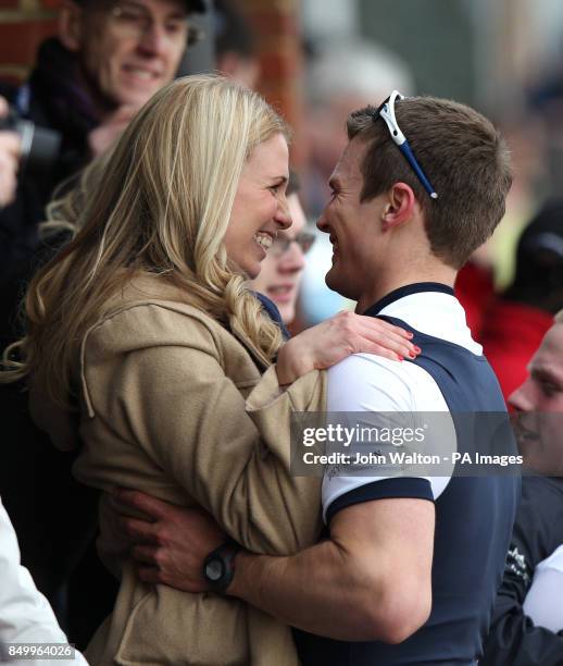 Oxford's bow man Patrick Close celebrates their victory after the race after winning the 159th Boat Race on the River Thames at Mortlake Boat Club,...