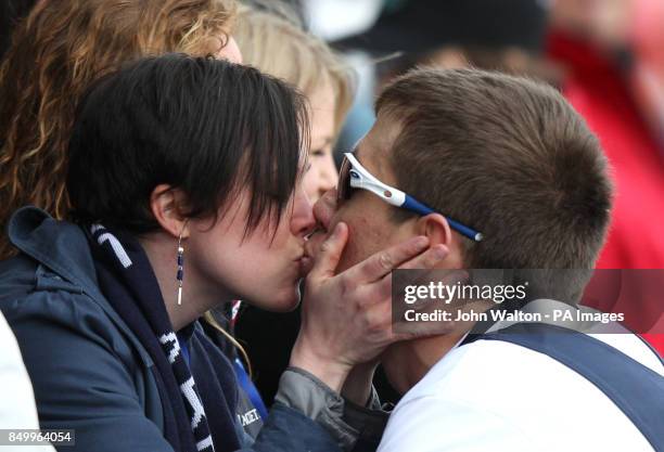 Oxford's Malcolm Howard celebrates after winning the 159th Boat Race on the River Thames at Mortlake Boat Club, London.