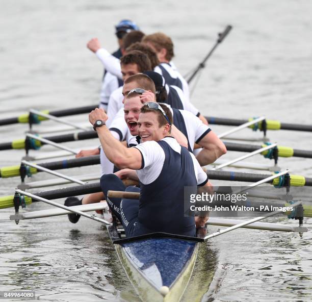Oxford's bow man Patrick Close and Geordie Macleod celebrate winning the 159th Boat Race on the River Thames at Mortlake Boat Club, London.
