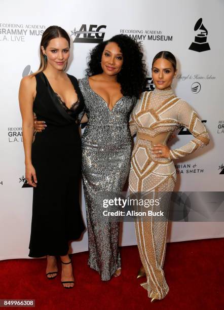 Katharine McPhee, Shelea and Pia Toscano pose backstage during the 2017 GRAMMY Museum Gala Honoring David Foster at The Novo by Microsoft on...