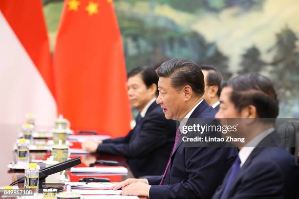 Chinese President Xi Jinping attends a meeting with Singapore Prime Minister, Lee Hsien Loong at The Great Hall Of The People on September 20, 2017...