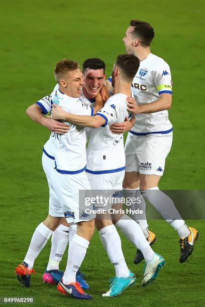 Matthew Millar of South Melbourne celebrates a goal during the FFA Cup Quarter Final match between Gold Coast City FC and South Melbourne at Cbus...