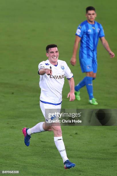 Matthew Millar of South Melbourne celebrates a goal during the FFA Cup Quarter Final match between Gold Coast City FC and South Melbourne at Cbus...