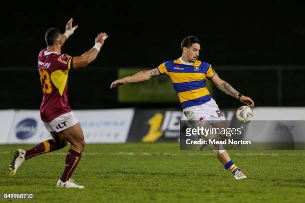 Terrence Hepetema kicking the ball during the round six Mitre 10 Cup match between Bay of Plenty and Southland at Rotorua International Stadium on...