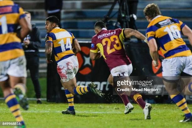 Monty Ioane breaking away during the round six Mitre 10 Cup match between Bay of Plenty and Southland at Rotorua International Stadium on September...