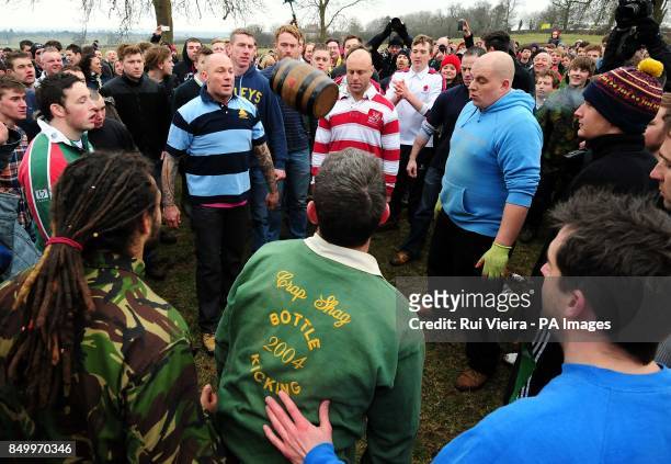 Villagers participate in the traditional game of bottle kicking at Hallaton, Leicestershire.